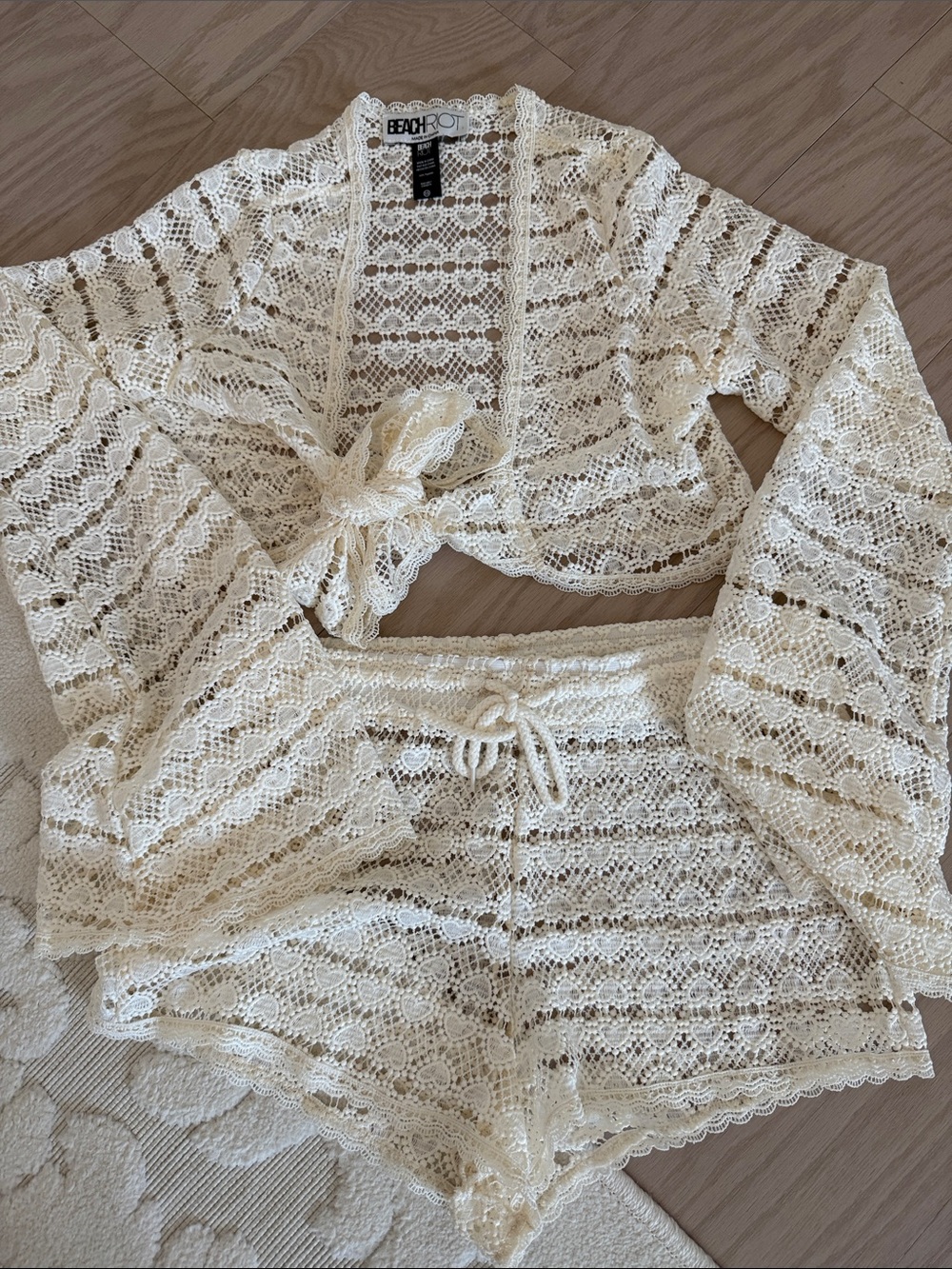 Beach Riot Cream Crochet Tie-Front Top & Drawstring Shorts Set